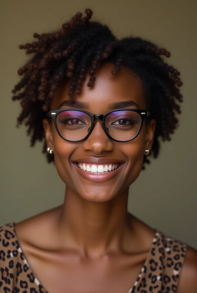best quality, expressive eyes, smile, perfect face, African female, 23yo African, brown short hair, black eyes, black glasses