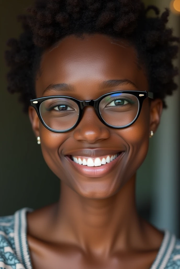 best quality, expressive eyes, smile, perfect face, African female, 23yo African, brown short hair, black eyes, black glasses
