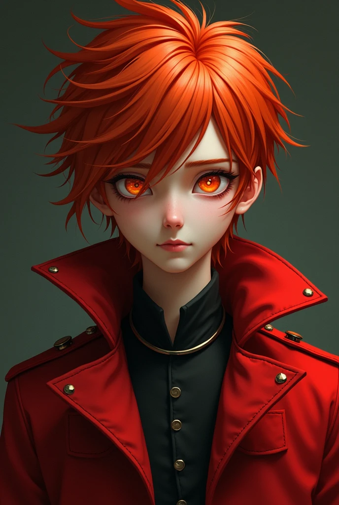 Tall redhead boy, light skin, orange eyes, red jacket and serious