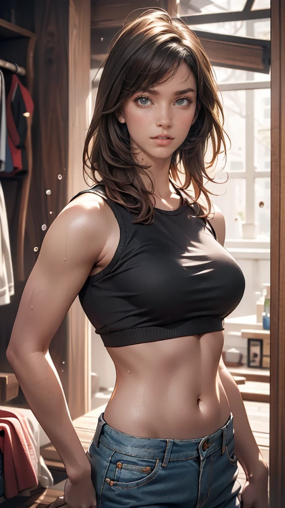 a beautiful woman, wearing a crop top and cargo pants, dark brown flowing hair style with head movement, hazel eyes, half-body portrait, paint splashes, splash, overtake, vaporware, shaded flat illustration, digital art, trending on Art Station, (best quality,8k,highres,masterpiece:1.2),ultra-detailed,(realistic,photorealistic,photo-realistic:1.37),award-winning Samdo art style,the finer details,complex