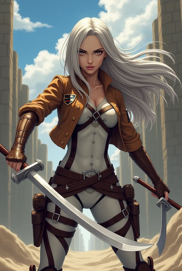 A white skin woman, with long gray blond hair, brown eyes, pink lips, serious expression, with attack on titan legion clothes, with two swords from attack on titan, full body, fighting pose , mappa studio style, with an attack on titan background, isayama hajime draw style