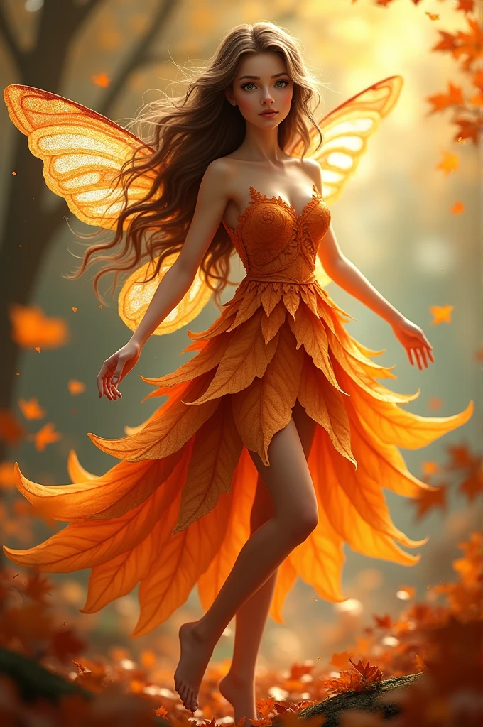 A fairy with brown wavy and hair green eyes wearing a orange autumn leaves dress and sparkly wings. She is surrounded by autumn leaves