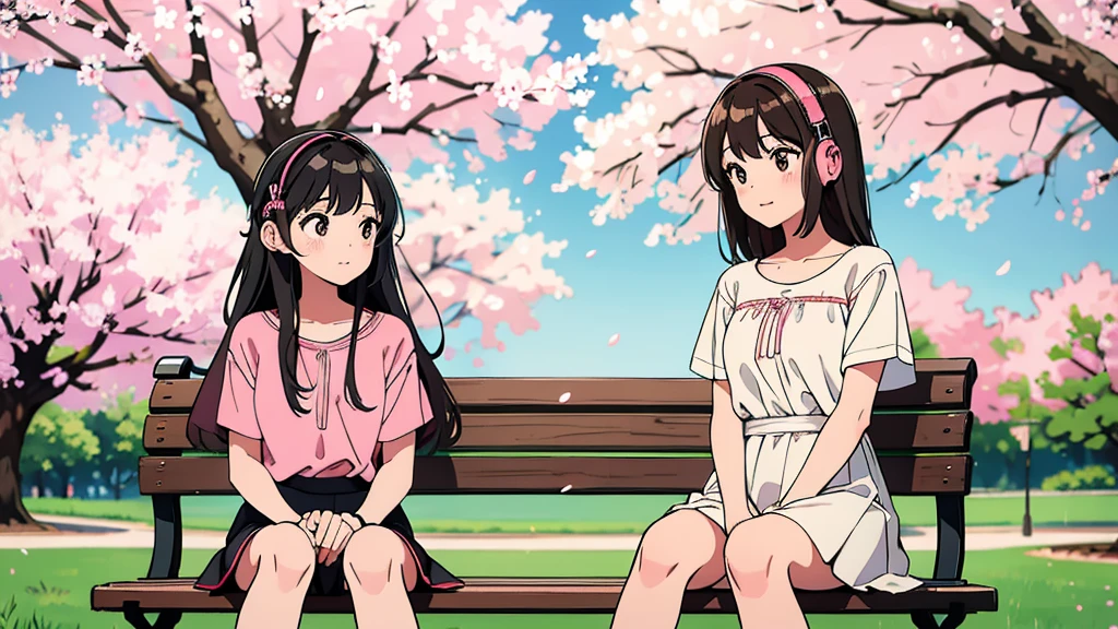 Two girls sharing a pair of headphones, sitting on a park bench under cherry blossom trees in full bloom.