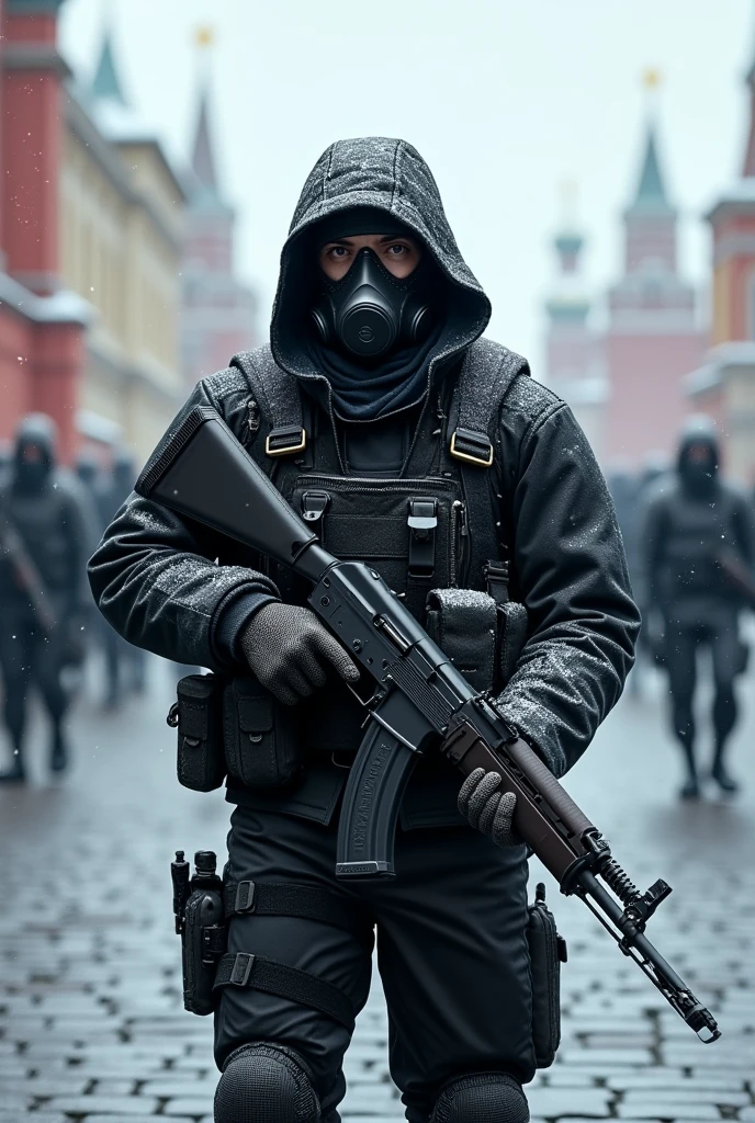 A soldier in a black gas mask that covers his entire face with an AK-74 on Red Square (It's snowing outside) with military personnel behind without equipment