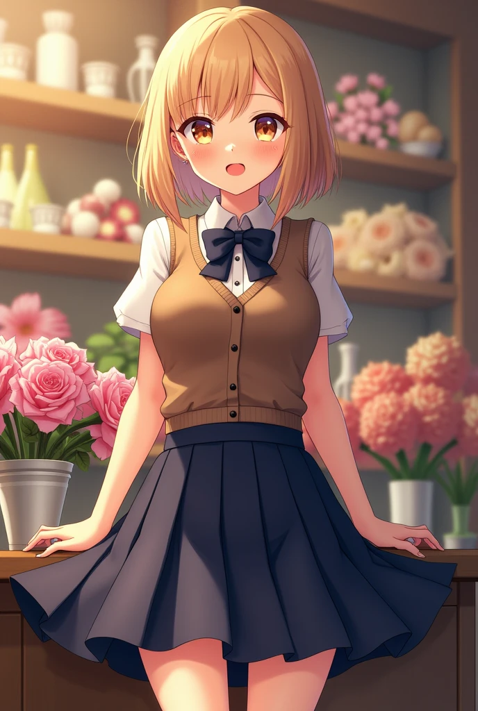 (masterpiece:1.2, Highest quality), (Realistic, photoRealistic:1.4), Beautiful illustrations, (Natural Side Lighting, Cinema Lighting), Written boundary depth,
Looking at the audience, Front view, 1 girl, English, high school girl, 20-year-old, Perfect Face, Symmetrical cute face, Glowing Skin, Spread your legs,
(Bob Hair:1.7,blonde), Asymmetrical bangs, Big eyes, Droopy eyes, long eyelashes chest), thin,
Beautiful Hair, Beautiful Face, Beautiful and beautiful eyes, Beautiful clavicle, Beautiful body, Beautiful breasts, Beautiful thighs, Beautiful feet, Beautiful fingers,
((High quality fabric, brown knit vest, Short sleeve white collar shirt, Navy Pleated Skirt, Navy bow tie)),
(Beautiful views), evening, (Inside the flower shop), Are standing, (smile, Excellent, Open your mouth), (((Skirt flip, No pants, Genitals are visible))), Full Body Shot, Dark blue socks, Sexy Face, Inverted nipples,