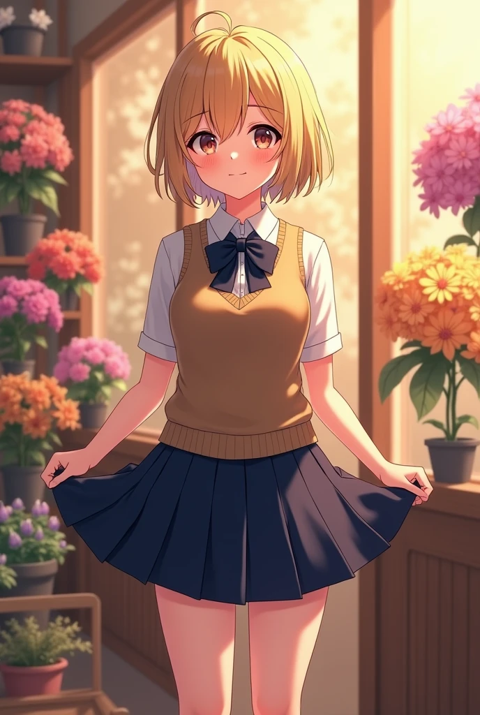 (masterpiece:1.2, Highest quality), (Realistic, photoRealistic:1.4), Beautiful illustrations, (Natural Side Lighting, Cinema Lighting), Written boundary depth,
Looking at the audience, Front view, 1 girl, English, high school girl, 20-year-old, Perfect Face, Symmetrical cute face, Glowing Skin, Spread your legs,
(Bob Hair:1.7,blonde), Asymmetrical bangs, Big eyes, Droopy eyes, long eyelashes chest), thin,
Beautiful Hair, Beautiful Face, Beautiful and beautiful eyes, Beautiful clavicle, Beautiful body, Beautiful breasts, Beautiful thighs, Beautiful feet, Beautiful fingers,
((High quality fabric, brown knit vest, Short sleeve white collar shirt, Navy Pleated Skirt, Navy bow tie)),
(Beautiful views), evening, (Inside the flower shop), Are standing, (smile, Excellent, Open your mouth), (((Skirt flip, No pants, Genitals are visible))), Full Body Shot, Dark blue socks, Sexy Face, Inverted nipples,