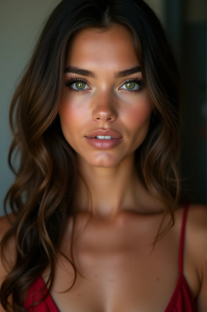 An 18 year old Brazilian woman. skin fair, dark green eyes, long wavy hair. Delicate face but with very striking features and a seductive look.