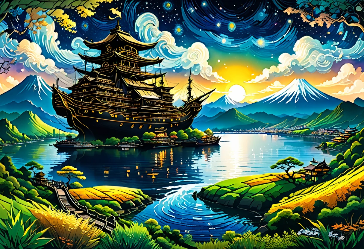 (Night lake illustration),
naturey, Sunset, ( Lago Kawaguchi e Monte Fuji), leisure cruise ship shaped like a pirate ship, spectacular view, best qualityer, work of art, intericed detail