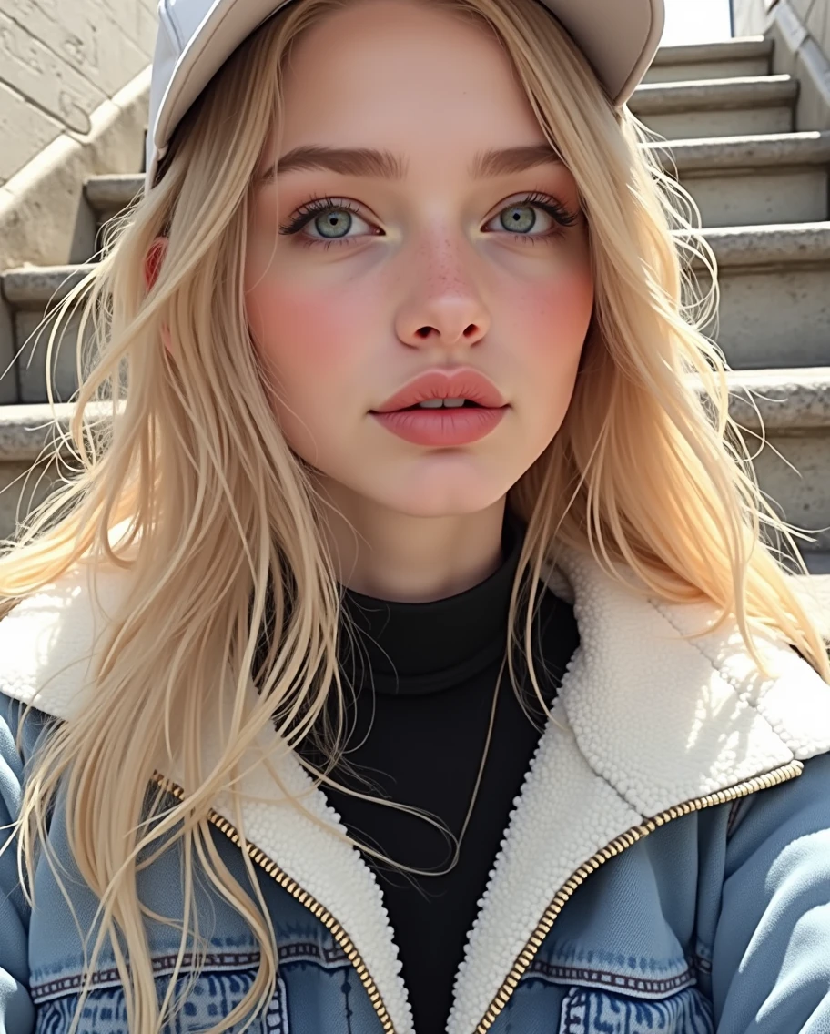 ((Masterpiece artwork, top-quality, high resolution, highly detailed 8K unified CG wallpaper)), (huge stunning photo of goddess, Very hot and sexy, jaw dropping beauty, perfect proportions, Body cute, slim body beauty: 1.3), Portrait of a girl named Jocelyn, german, blonde, shy, sitting on the stairs, Grinning, casually dressed, (wearing a baseball cap, hooded sweatshirt, jean shorts and sneakers:1.2), (view from the bottom:1.6), image ultra realistic,  vibrant and clear, dynamic view with perfect symmetry,, high level of detail and definition, 1200 PPI - Photographic resolution with greater color realism, hyperrealisti, high fidelity, cinematic, 8K UHD image resolution.