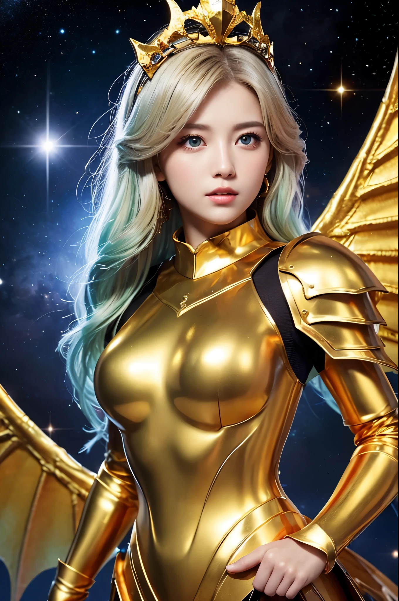 Golden diamond armor, long blonde hair, golden pupils, golden light background, golden transparent wings, diamond texture, smiling, golden eyes, flashing golden notes around, maiden, golden starlight, dazzling