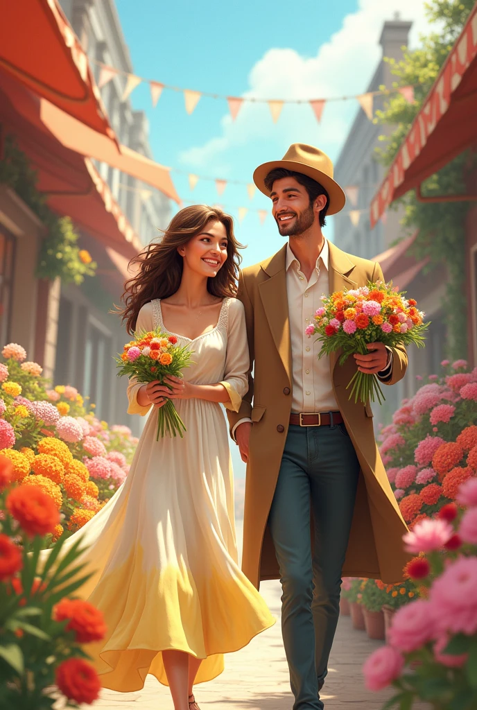 Couple.Gril and boy are walking in the flower maket in US.Gril is wearing white and yellow drees and boy is wearing coat and hat and buy flowers.Show their faces.They look like happy