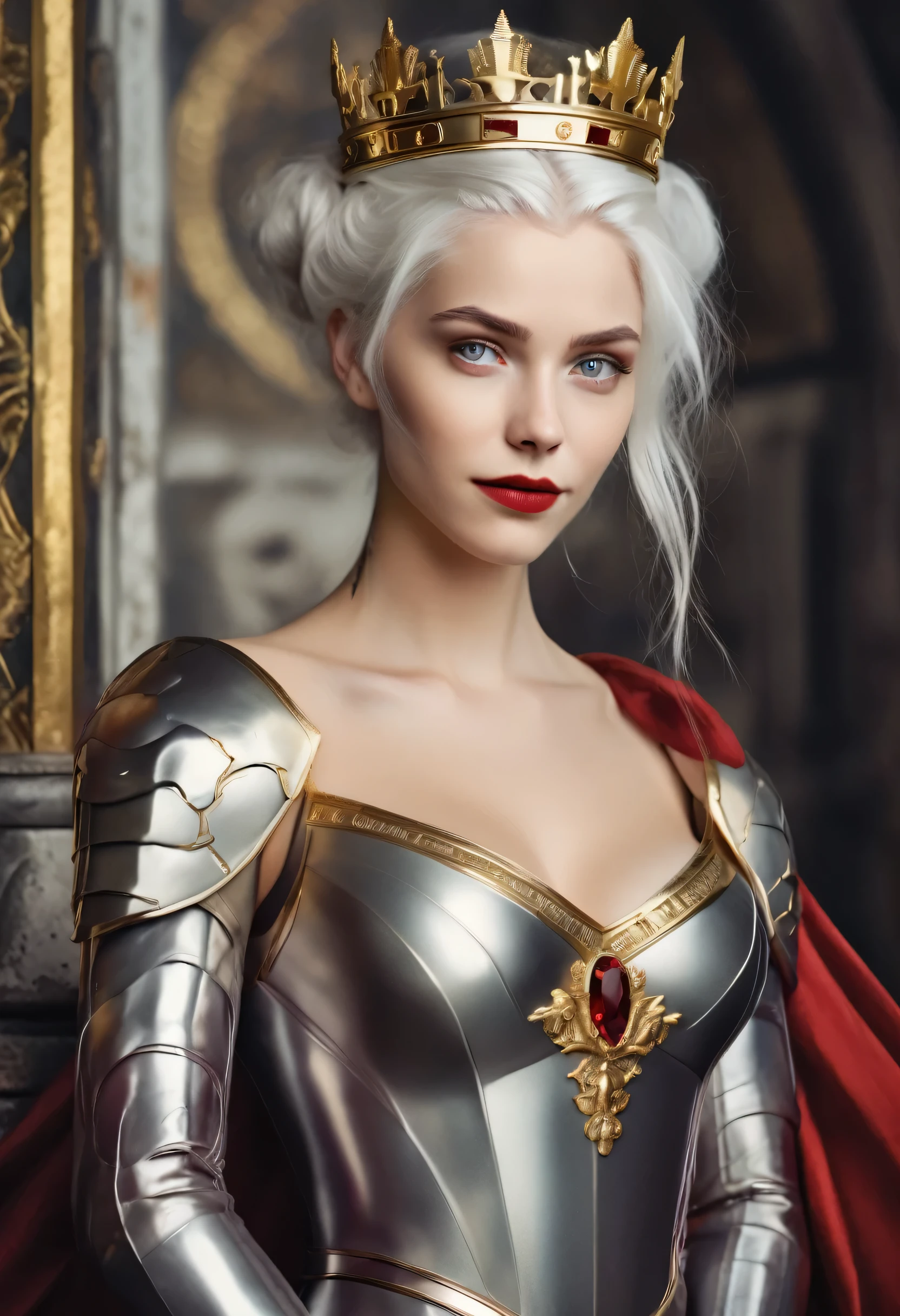 Woman with white hair and light violet eyes, very white skin, has a mini hairstyle in her hair with a gold crown with rubies, has natural red lips with a mini smile, It&#39;s so beautiful, has a black dress with red and the dress has a deep neckline on the chest and is one meter and seventy centimeters tall. Behind her is a man six feet tall.. He has a military body with broad shoulders. He has white hair and dark violet eyes.. His features are serious. He's dressed. With armor of gold and silver, he has a hand on the woman&#39;waist and the other on the hilt of a sword. Behind them are two dragons, one black and one red. 