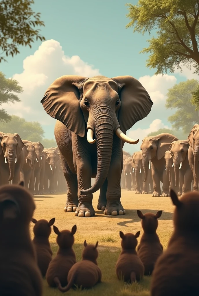 Hemant elephant assembles all the animals in a central clearing. He stands tall and proud, addressing the crowd with a booming voice while the animals look on nervously.

Narration: “One day, Hemant elephant summoned all the animals to the central clearing and proclaimed his superiority, demanding their obedience and respect.”