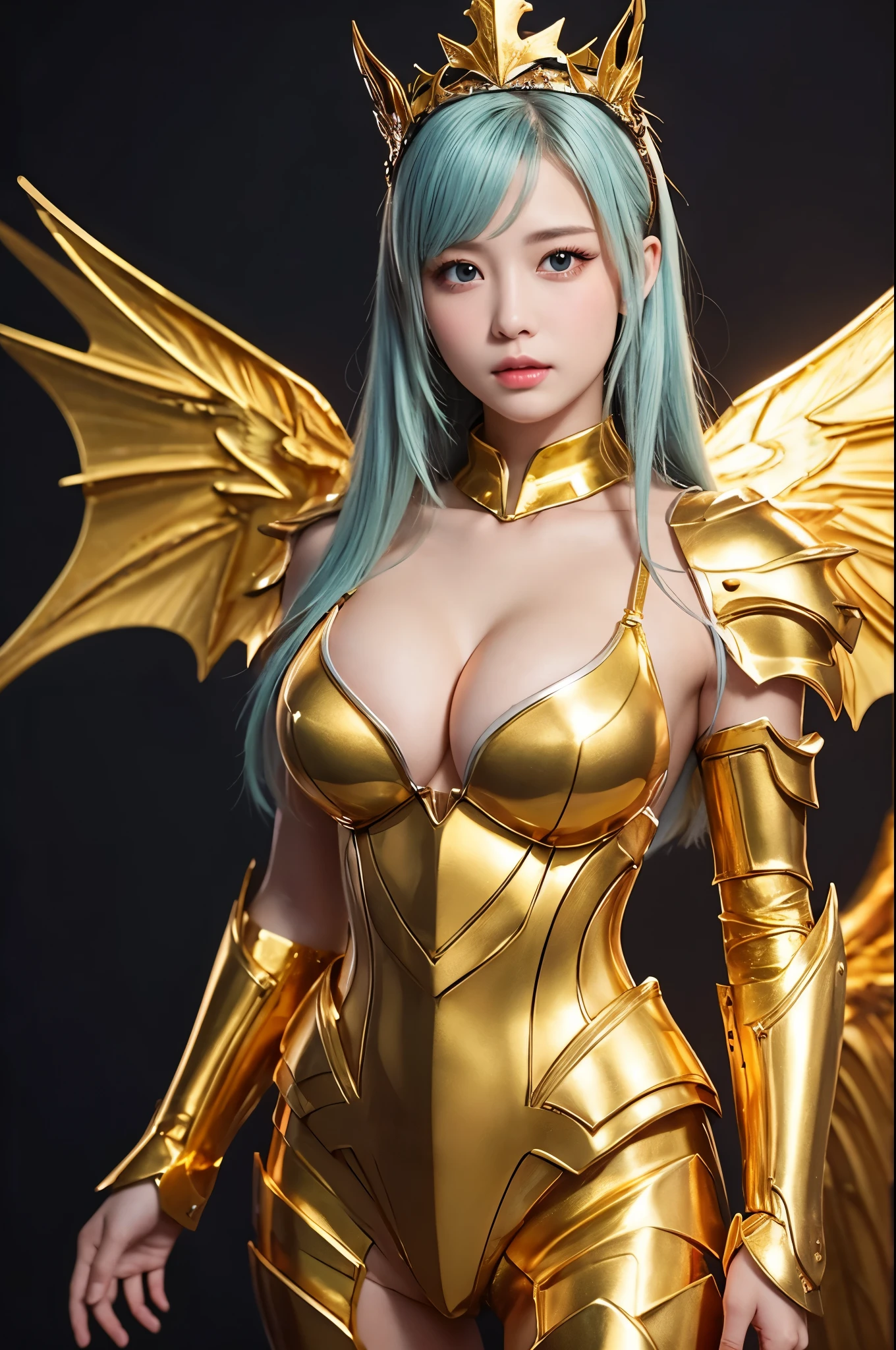 Ultra HD、Ultra-clear、Beautiful Face、Covered entirely in golden armor、Holy knight in golden armor、Mechanical Golden Wings、Golden Tiara、Golden armor covered in sculptures、Dragon-inspired armor、Heavy golden armor、Green Eyes、Silver Hair、Big Breasts、Beautiful bow、Outer space background、