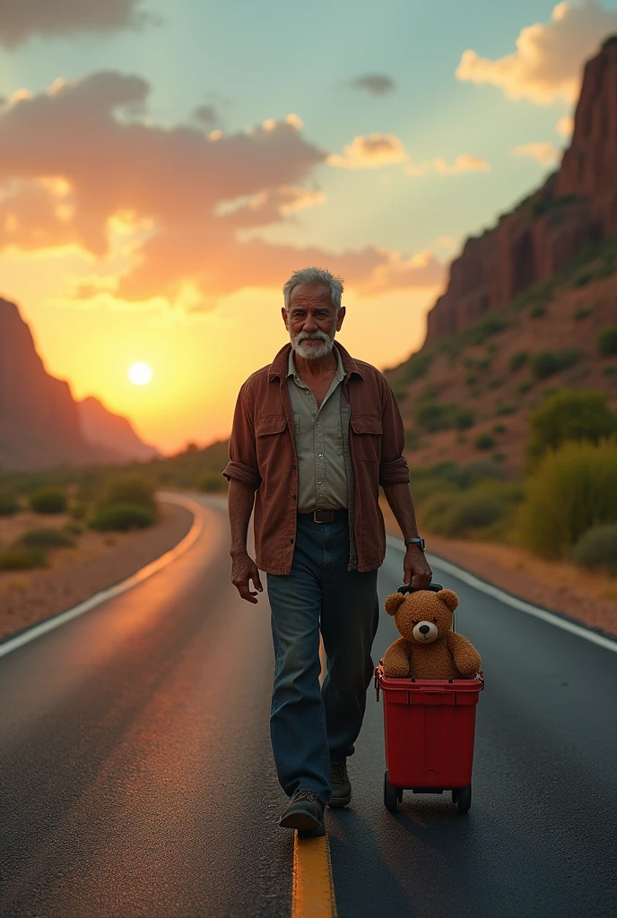 45 year old Venezuelan man carrying a wheeled toolbox walking facing the sun on an asphalt road, on one side desert and on the other side green vegetation leading to the sunset and in the box a small brown teddy bear