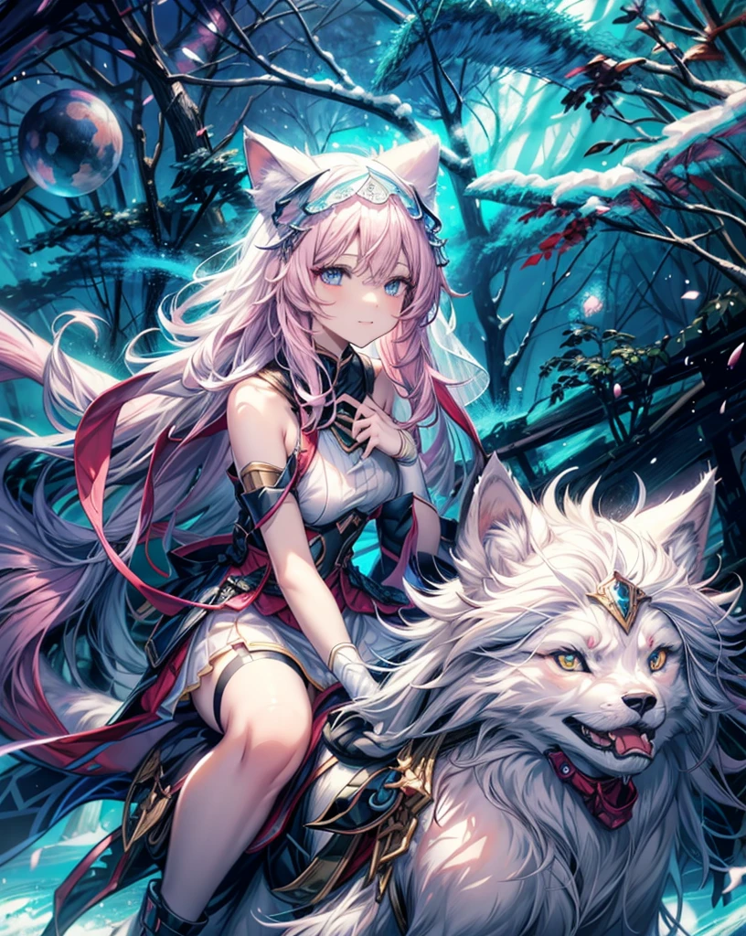 Anime style war, serious style, 1nekogirl, 1 white wolf, pink_and_white_cat_ears, fox tail, limited palette, long Straight pink hair, detailed blue eyes. Cat face expression. She is a Mercenary with scars, She is riding a white demon wolf. Riding a wolf. Wolf. Outdoor scenery. Behind them there is an army. War is coming. She wear a intricate light armour, with blue trasparent veil. She has bare shoulders. They will fight on Red clay. Winter Forest.