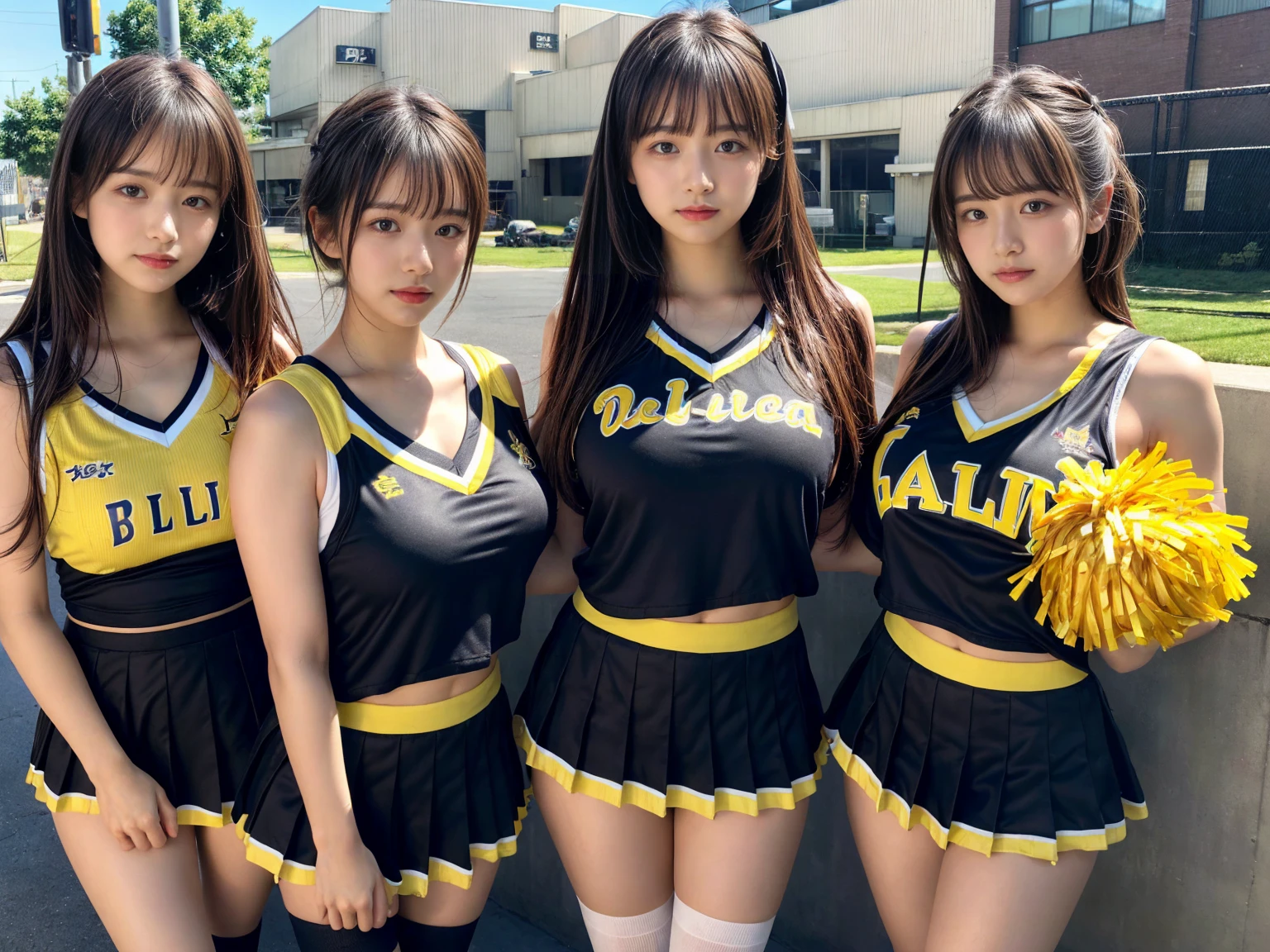 masterpiece, best quality, illustration, Super detailed, fine details, High resolution, 8K,wall paper, perfect dynamic composition,(Details High quality, realistic depiction of eyes:1.3), (3 girls), BREAK (cheerleader uniform with yellow as basic color:1.3), (holding a yellow pompoms in hand:1.4), (sleeveless yellow tunic with baseball team logo:1.4), yellow tops, (bold V-neck:1.3), ((Blue lines, black lines) on tops:1.3), ((fit and flare, A-line):1.3), (A-line yellow rah-rah skirt:1.3), mini skirt, (black socks:1.3), (sports shoes:1.2), sitting, open legs, short bob hair, in a hotel room in the background, deep on field, large breasts, black hair color, Big Natural Color Lip, (perfect body shape), crying a little、Harajuku style、20 year old girl、cute type、beautiful legs, Gravure Idol