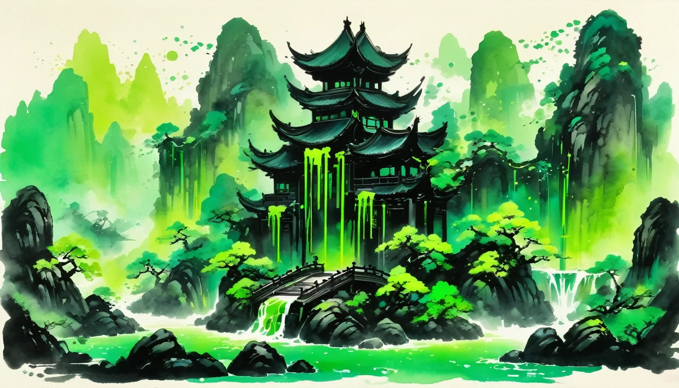 Chinese ink style,Zygarde with black and neon green palette