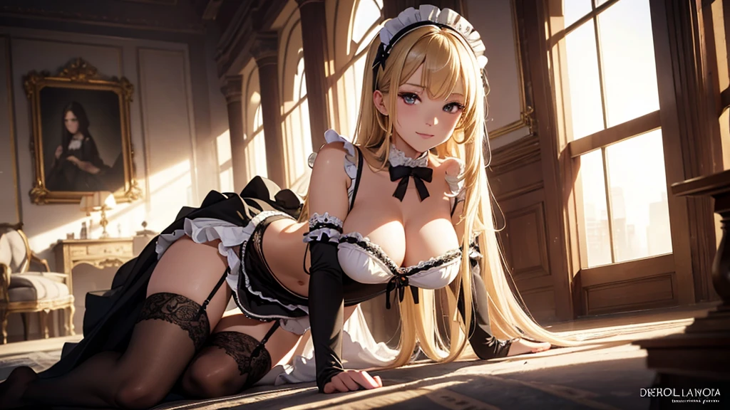 (masterpiece, high resolution,ultra - detailed:1.0),1 girl,Young and beautiful women,eye looking to camera,Perfect female body, , Extremely detailed CG,Unity 8k wallpaper,Complicated details, solo person, (skimpy Maid clothes), French Maid Open Uniform, short skimpy Maid dress, lace stockings, color difference, Depth of field,dramatic shadow, Ray tracing, Best quality, Cinematic lighting, Beautiful young maid, manipulative cunning, sly dominant maid, deceitful, fake smiles, blonde
