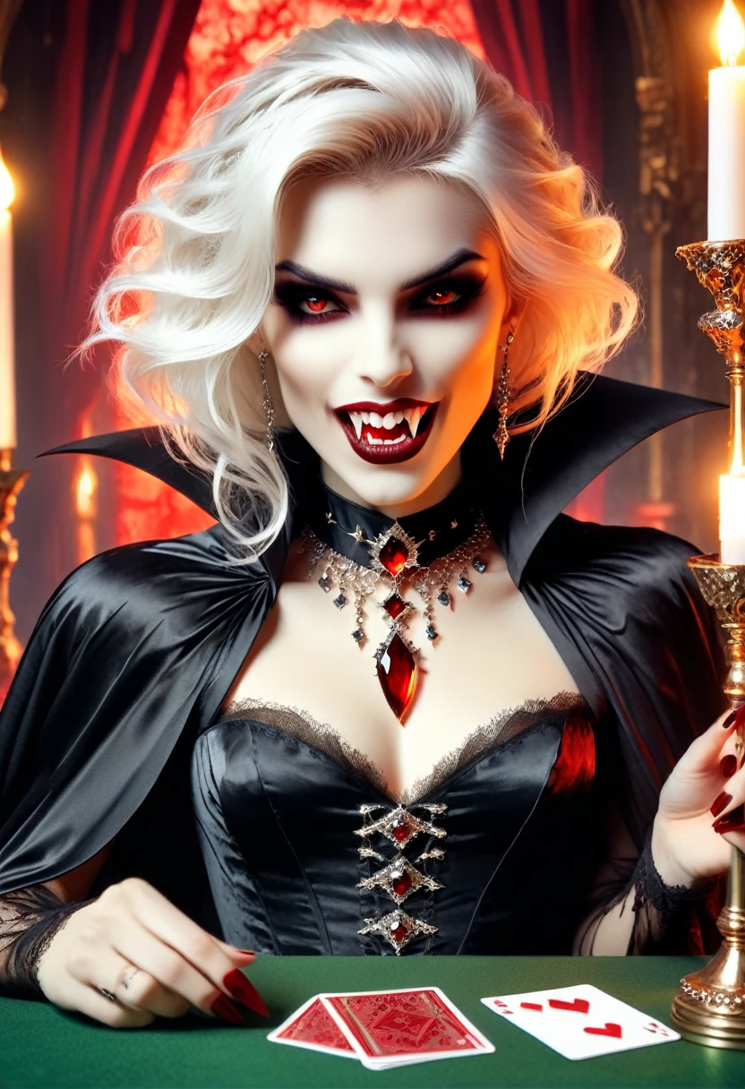 a portrait of a vampire playing poker game of cards, holding cards ((cards not shown:1.5)) the cards are dripping blood, an exquisite beautiful vampire, goth vampire, ((dynamic hair color: 1.5)), white pale skin, some blood veins are seen on the skin, red lips, red eyes, glowing eyes, wearing goth dress, silk dress, there are diamonds on the dress, earing a choker studded with a red diamond, ((vampire fangs:1.5)), she sits near a poker table in a dark fantasy room, there is a playing table, torch light,  vibrant, Ultra-high resolution, High Contrast, (masterpiece:1.5), highest quality, Best aesthetics), best details, best quality, highres, ultra wide angle, 16k, [ultra detailed], masterpiece, best quality, (extremely detailed: 1.5), vampire fangs, NRART, dripping blood