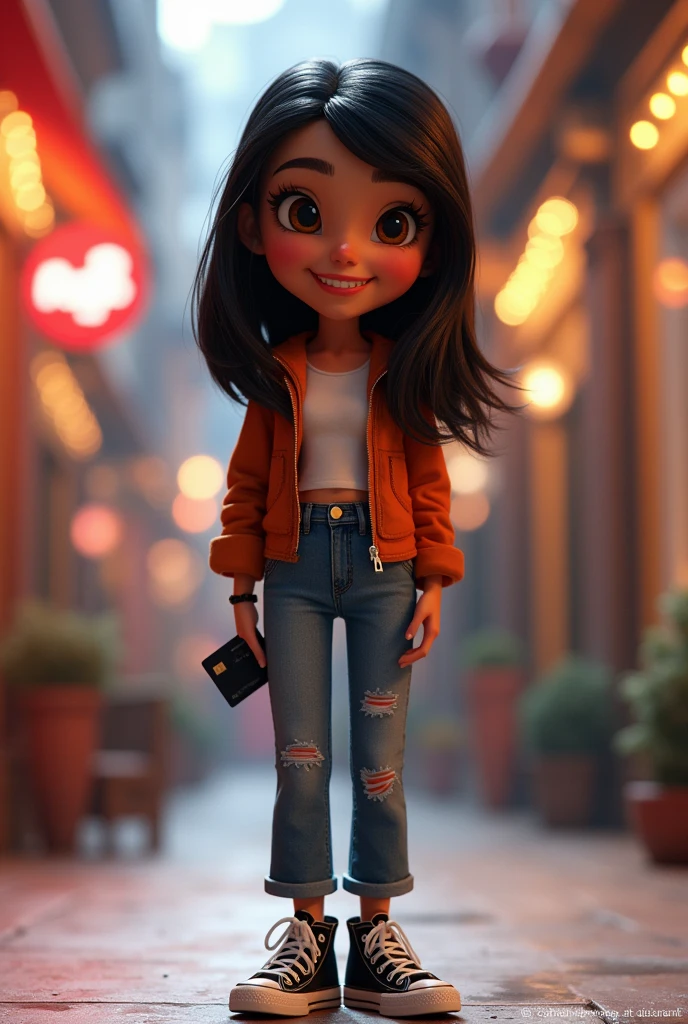 3D character from Disney animation, Pixar style, full body, smiling, brown eyes with beautiful eyelashes, the glamorous one, shoulder-length straight black hair, denim clothes, jacket, black tennis shoes, clean bottom. cinematic lighting, ray tracing, high details, 3D rendering with hands on waist and holding a credit card