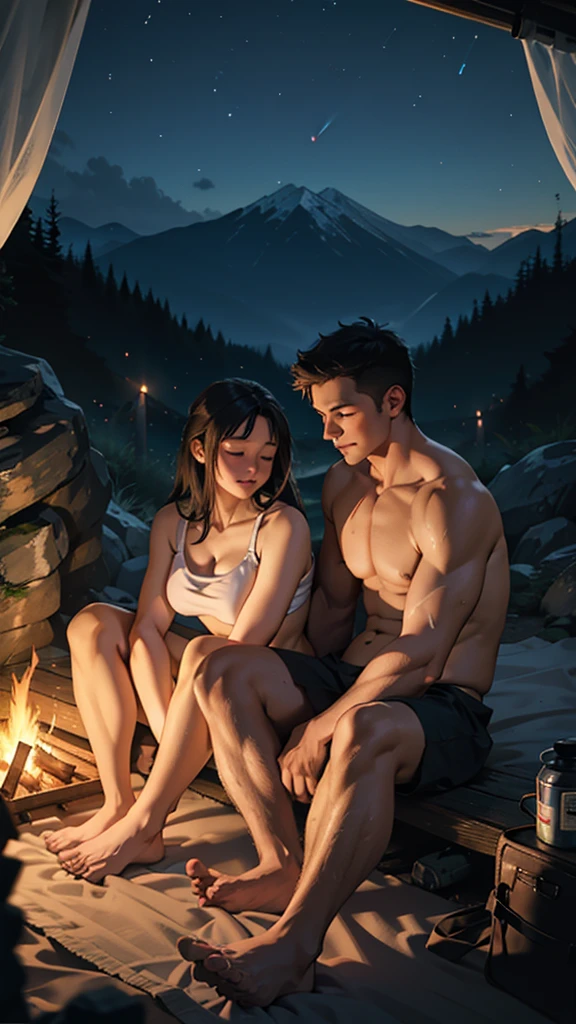 A couple is sleeping in a camp on the mountain. The women are without clothes and have big curvy hips. It is night and a fire is burning.