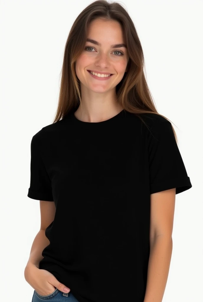 young woman in plain black unisex t-shirt, on a white background.