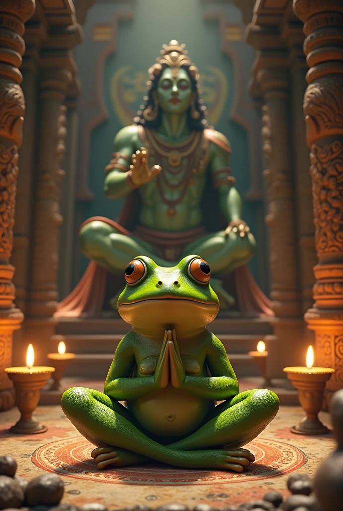 forg is sitting in Mahadev's temple with folded hands and Mahadev is blessing him
