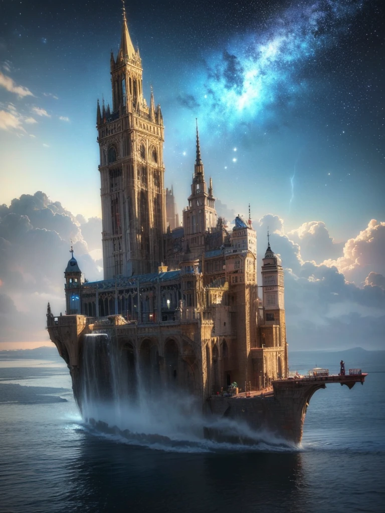 (8k, highest quality, masterpiece, final fantasy style: 1.2), (unRealistic, photoRealistic: 1.37), Dreamy landscape, Fantasy, Unsurreal landscapes, Super detailed, Flying Castle, Floating Island in the Sky, Seven-colored swirl of light, Intense lightning, milky way, Complex Light, Colored light, Large Lake, Starry sky reflected on the lake surface, Countless shining stars, Meteors, Reflections , (A pillar of light emanated from the ground:1,2), roses and orchids gardens , sunset, pink clouds, waterfalls in the sky, realistic style, Hyperrealism drawing, a flying pirate spaceship floating at the clouds level, burning skyscrapers, cyborgs, timeless realms, stunning princess , floating ships, casting spell, healing light magic effect, in a magical lagoon of the fairyland, crystal clear water surface reflections, sharp focus, looking at viewer, (close-up:0.9), (bright white theme:1.2), (bright white tone:1.2), (deep blue tone:1.3), realistic, Hyperrealism,vivid colours , cyborgs, metallic devices, science fiction themes