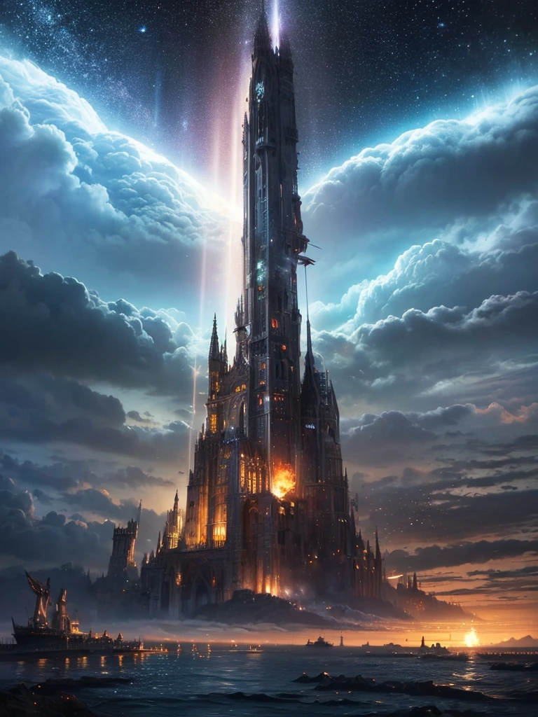 (8k, highest quality, masterpiece, final fantasy style: 1.2), (unRealistic, photoRealistic: 1.37), Dreamy landscape, Fantasy, Unsurreal landscapes, Super detailed, Flying Castle, Floating Island in the Sky, Seven-colored swirl of light, Intense lightning, milky way, Complex Light, Colored light, Large Lake, Starry sky reflected on the lake surface, Countless shining stars, Meteors,  Reflections , (A pillar of light emanated from the ground:1,2), roses and orchids gardens , sunset, pink clouds, waterfalls in the sky, realistic style, Hyperrealism drawing, a flying pirate spaceship floating at the clouds level, burning skyscrapers, cyborgs, timeless realms, stunning  princess  , floating ships,  casting spell, healing light magic effect, in a magical lagoon of the fairyland, crystal clear water surface reflections, sharp focus, looking at viewer, (close-up:0.9), (bright white theme:1.2), (bright white tone:1.2), (deep blue tone:1.3), realistic, Hyperrealism,vivid colours , cyborgs, metallic devices, science fiction themes 