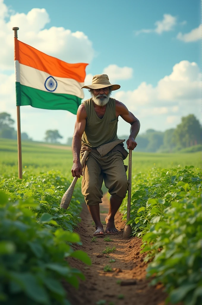 A farmer working in fram and with indian flag