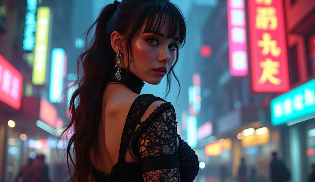 (masterpiece, Best Quality, Official art, Beautiful and aesthetic:1.2),(1girl, full body:1.4), highly detailed, (Fractal Art:1.3),(Colorful:1.5), (Mechanical modification:1.3),(corrected:1.2),Maiden,(A complex mechanical conduit is inserted into the back:1.5), (Neon background:1.4),(Neon City:1.75),Night,big breasts,(Gothic Lolita:1.2),high-heels,(:0.75),makeup,blush,(Cyberpunk:1.4),((Looking at Viewer:1.3)),((Looking back)),brunette, sun burn, Nikon D850 Film Stock Photography 4 Kodak Portra 400 Camera F1.6 lens rich colors hyper realistic lifelike texture dramatic lighting unrealengine trending on artstation