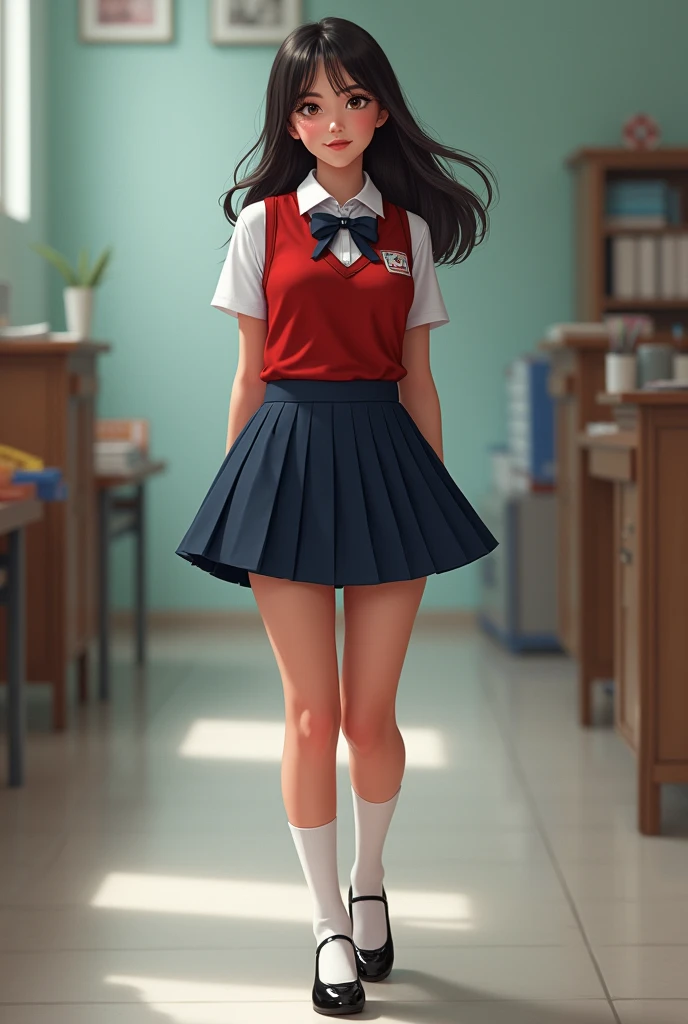 Masterpiece, best quality, realistic, high_resolution, full body picture,
Mexican girl, (13 yeen body, short stature, ((round breasts)) , Latin skin, straight hair, wearing a school uniform, tight mini-skirt, white shirt, red vest, dark blue miniskirt, white stockings, black heels), dynamic pose, in school background
