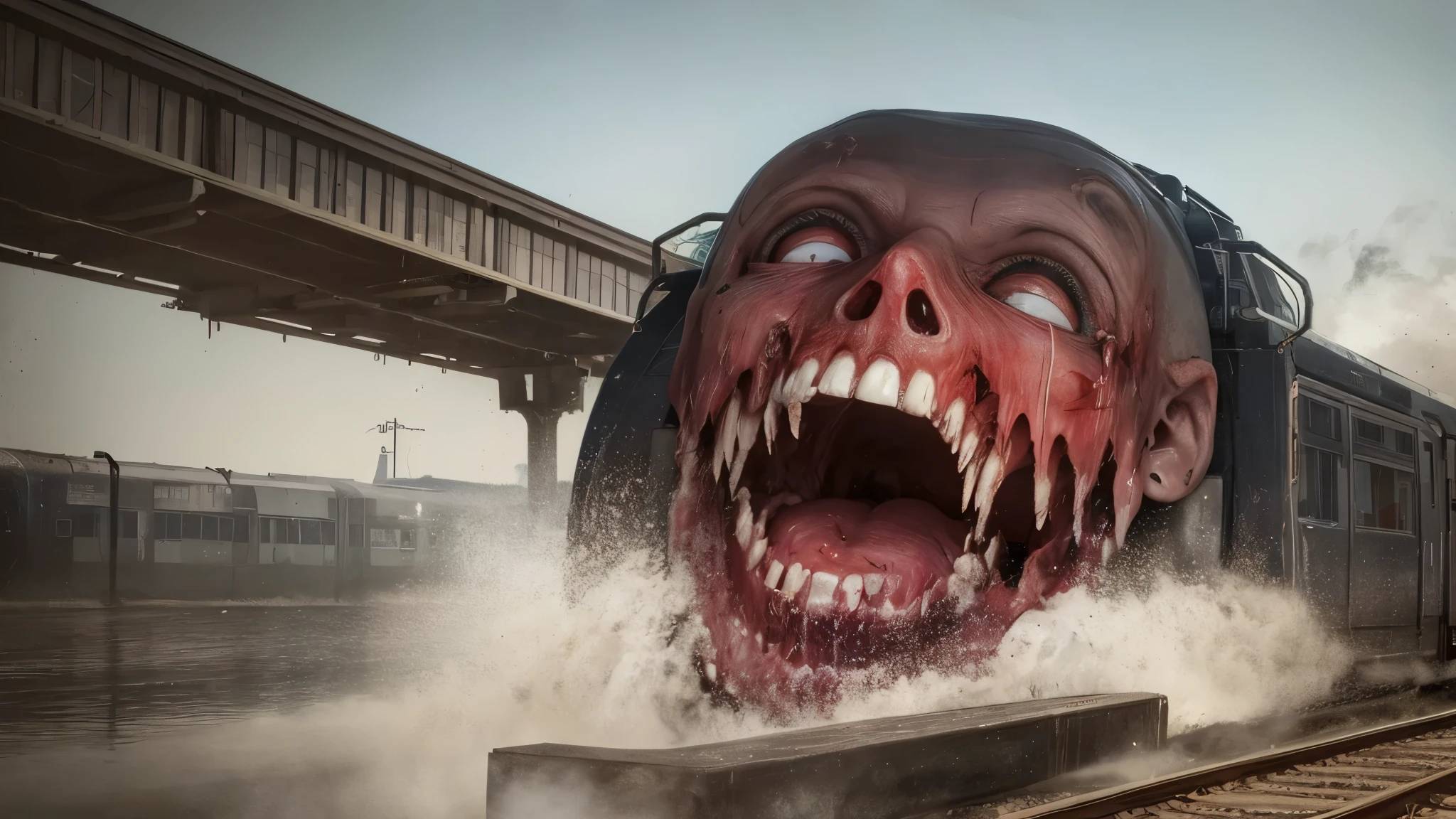 a giant head eating a train, lots of details, bloody, horror
