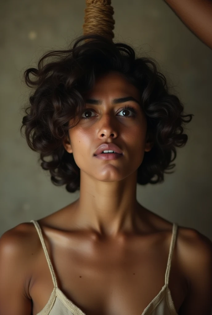 man tightening rope noose around indian woman neck, short hair, curly mullet, naked, 16-year-old woman, man putting rope around woman's neck, womanserious expression, woman empty expression, wide-eyed, scared, execution by hanging, gallows
