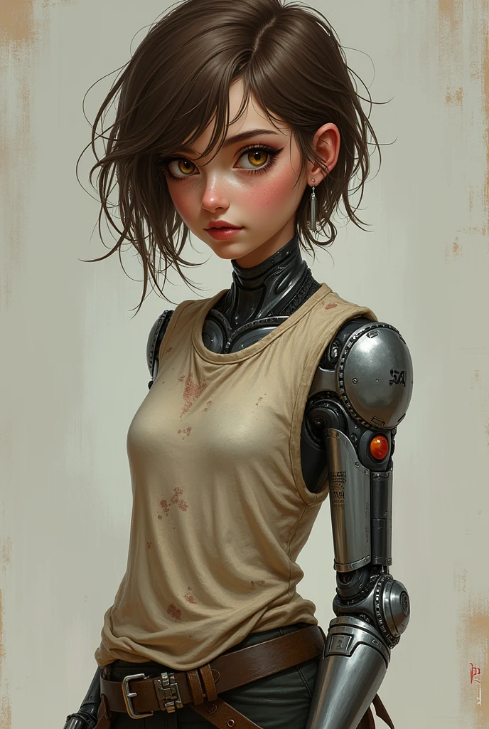 In the novel "Cinder" by Marissa Meyer, Cinder is a 16-year-old cyborg girl who is described as having a unique appearance. Here are some key features:

- prosthetic left foot and hand: Cinder has a mechanical foot and hand, which are visible under her clothes and gloves.
- silver limb: Her prosthetic limbs are made of a silver metal that is visible under her skin.
- scars: Cinder has scars on her arms and torso from the accident that led to her becoming a cyborg.
- messy brown hair: Cinder's hair is often described as messy and unkempt.
- brown eyes: Her eyes are a deep brown color.
- petite: Cinder is described as being  and slender.
- worn clothing: She often wears worn and tattered clothing, reflecting her low social status as a cyborg.
- gloves: Cinder wears gloves to cover her prosthetic hands, which are a symbol of her cyborg identity.

Overall, Cinder's appearance is a mix of human and machine, reflecting her unique status as a cyborg in a world where cyborgs are discriminated against.