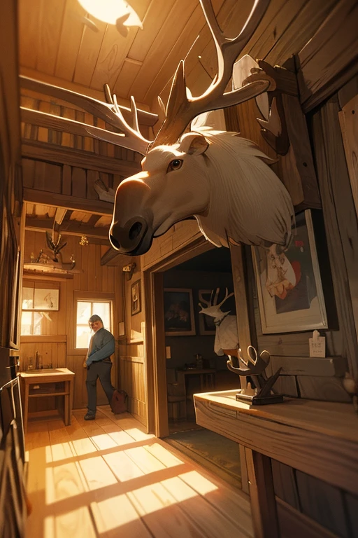 Cartoon style. Tall man in a log cabin. Moose euro mount on wall. (Man hurts his eye poking the eye into the moose rack antler) (man runs into wall)