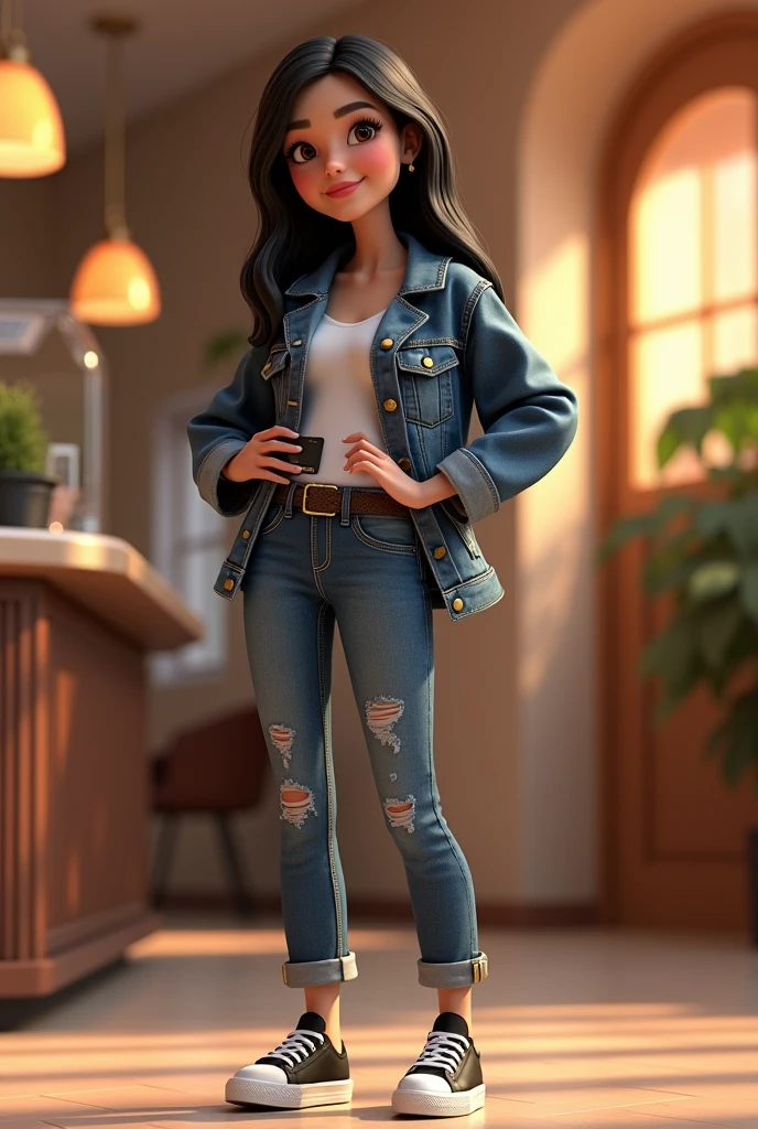 3D character from Disney animation, Pixar style, full body, smiling, brown eyes with beautiful eyelashes, the glamorous one, shoulder-length straight black hair, denim clothes, jacket, black tennis shoes, clean bottom. cinematic lighting, ray tracing, high details, 3D rendering with hands on waist and holding a credit card