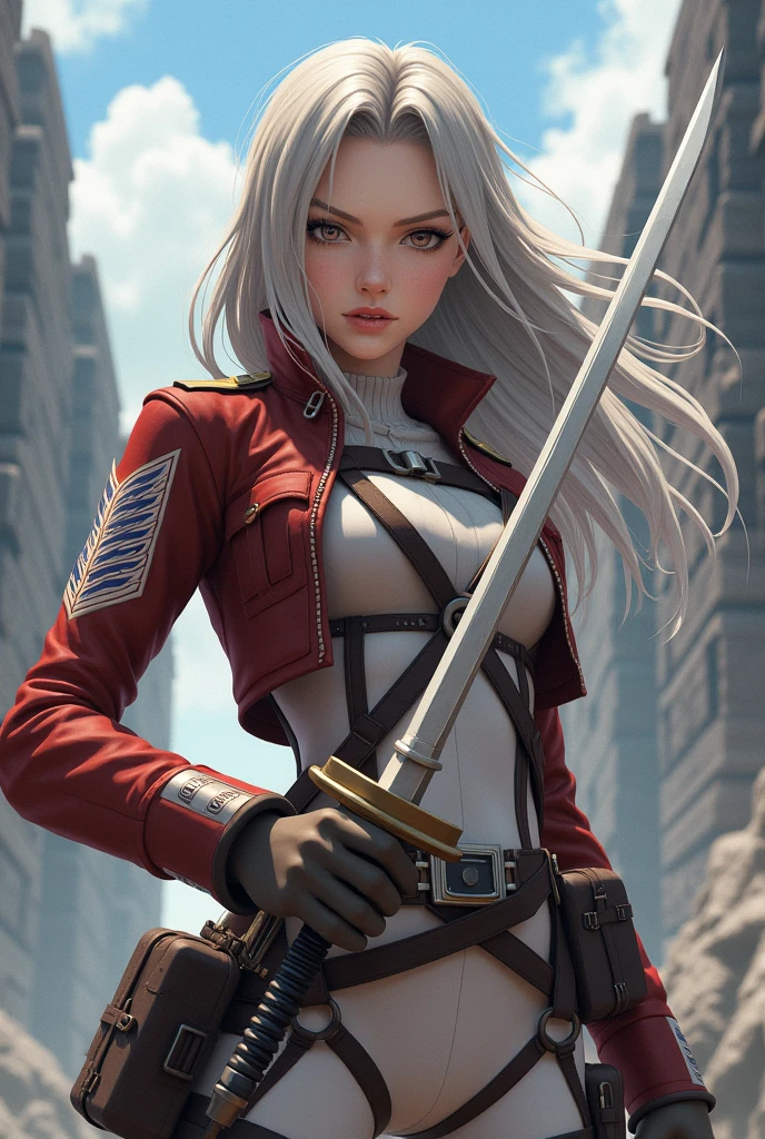 A white skin woman, with long gray blond hair, brown eyes, pink lips, serious expression, with attack on titan legion clothes, with two swords from attack on titan, full body, fighting pose , mappa studio style, with an attack on titan background, isayama hajime draw style