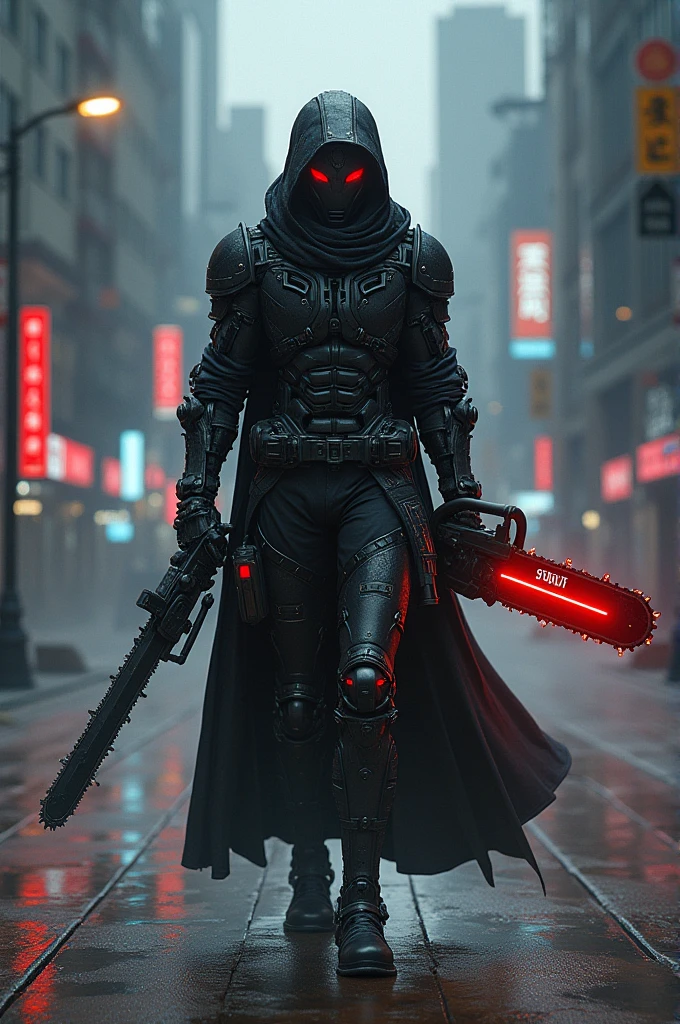 Dark_fantasy,cyberpunk,(chain saw,chain saw man,Red:1.1),1man,Mechanical marvel,Robotic presence,Cybernetic guardian