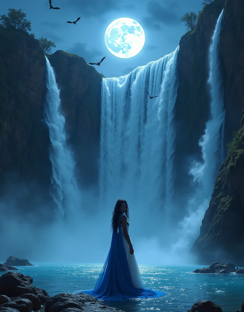 a facial portrait picture of an exquisite beautiful female African vampire standing under the starry night sky at the base of the waterfall, ultra feminine, black skin, dynamic hair color, wavy hair, dynamic eyes color, cold eyes, glowing eyes, intense eyes, dark red lips, wearing white dress, wearing blue cloak, water coming down from a mountain, multi level water falls, several pools created in different levels, forming new waterfalls, water cascading into a pool steam rising, clear water in many hues of blue and azure falling, ultra best realistic, best details, best quality, 16k, [ultra detailed], masterpiece, best quality, (extremely detailed), ultra wide shot, photorealism, depth of field, hyper realistic painting, sky full of stars background, moon, bats flying about, high details, best quality, 8k, [ultra detailed], masterpiece, best quality, (ultra detailed),