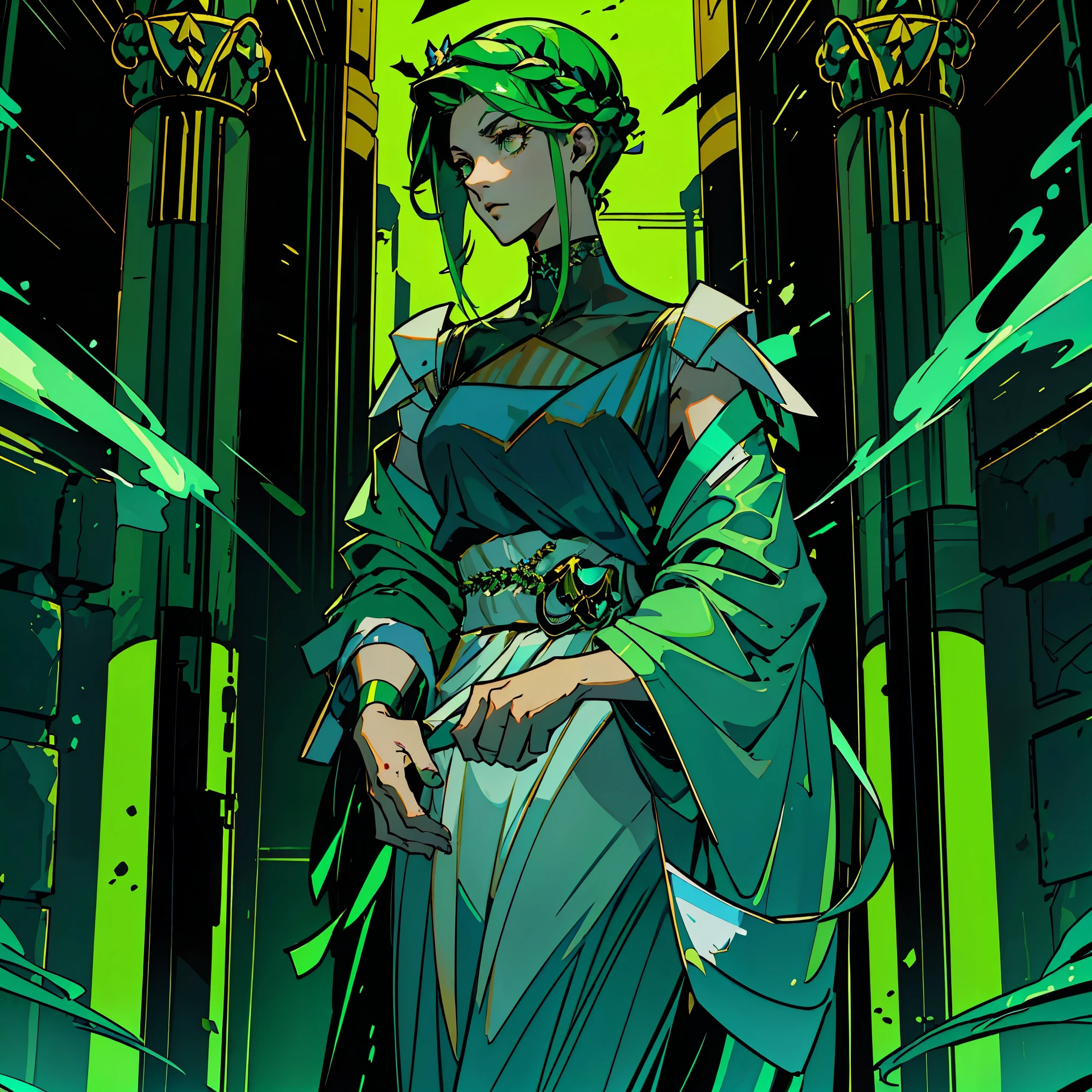1woman, alone, 25 years old, young, green hair, green eyes, insister sur les reflets des yeux gris, cheveux verts, mid lenght hair, desorganized haircut, messy hair, uke, formal business outfit, green shirt, chemise verte, green and black outfit, green clothes, strict outfit, andrognous clothes, neutral look, fatigued, tired eyes, hades style, hades game, Jen zee style, greek themed image, greek background, hypnos, artemis, tartarus scenery, fumes, greek columns in background, lots of columns, greek architecture, green themed image, black furniture, black touches of color, black walls, looking at viewer, holding an urn of value hades game wiki obols, hades, game, wiki, obols