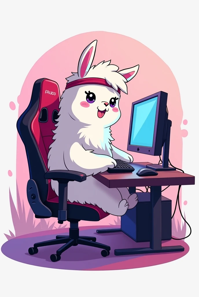 logo of llama sitting on gaming chair , with headband ,playing on pc , anime style