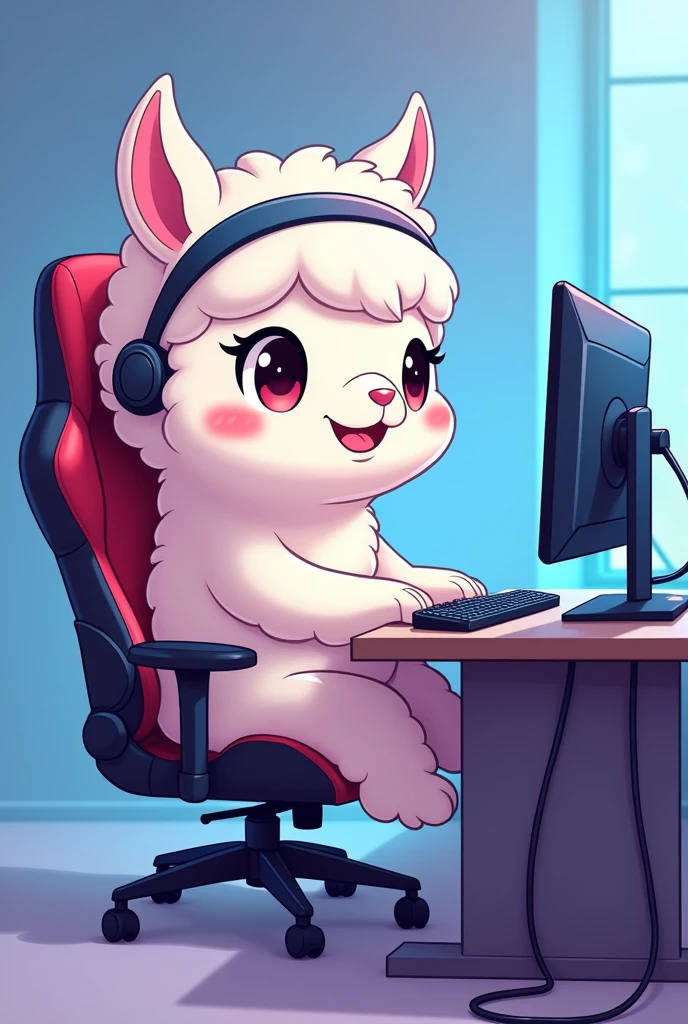 logo of llama sitting on gaming chair , with headband ,playing on pc , anime style