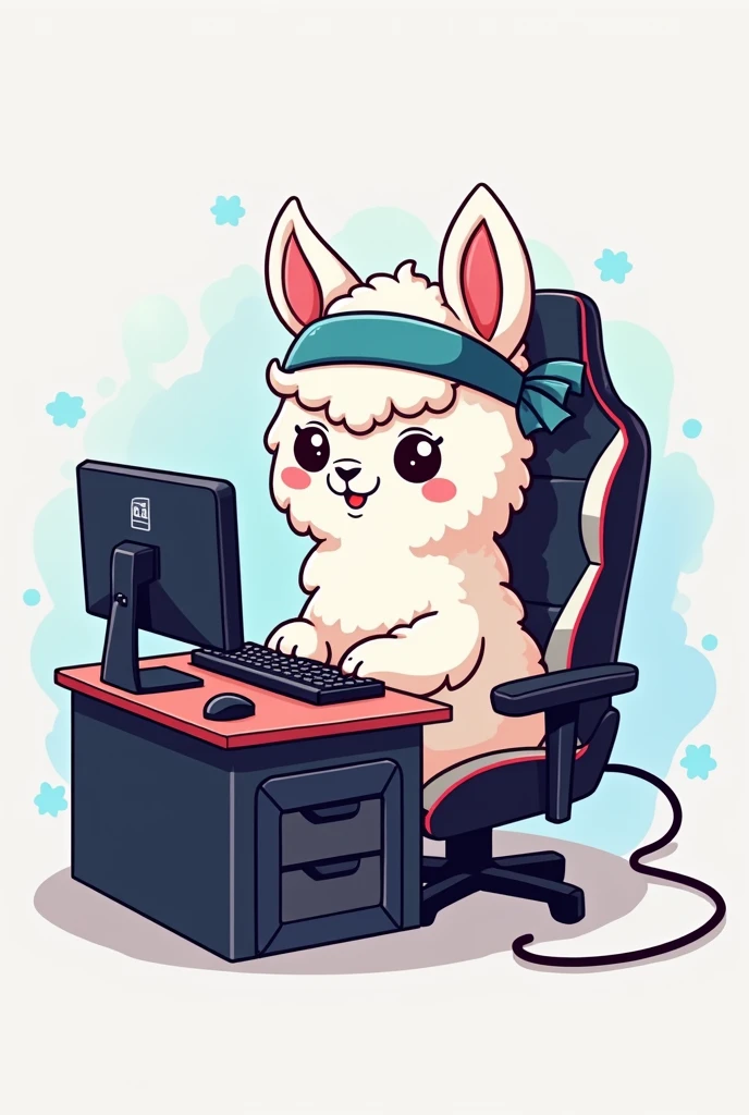 logo of llama sitting on gaming chair , with headband ,playing on pc , anime style