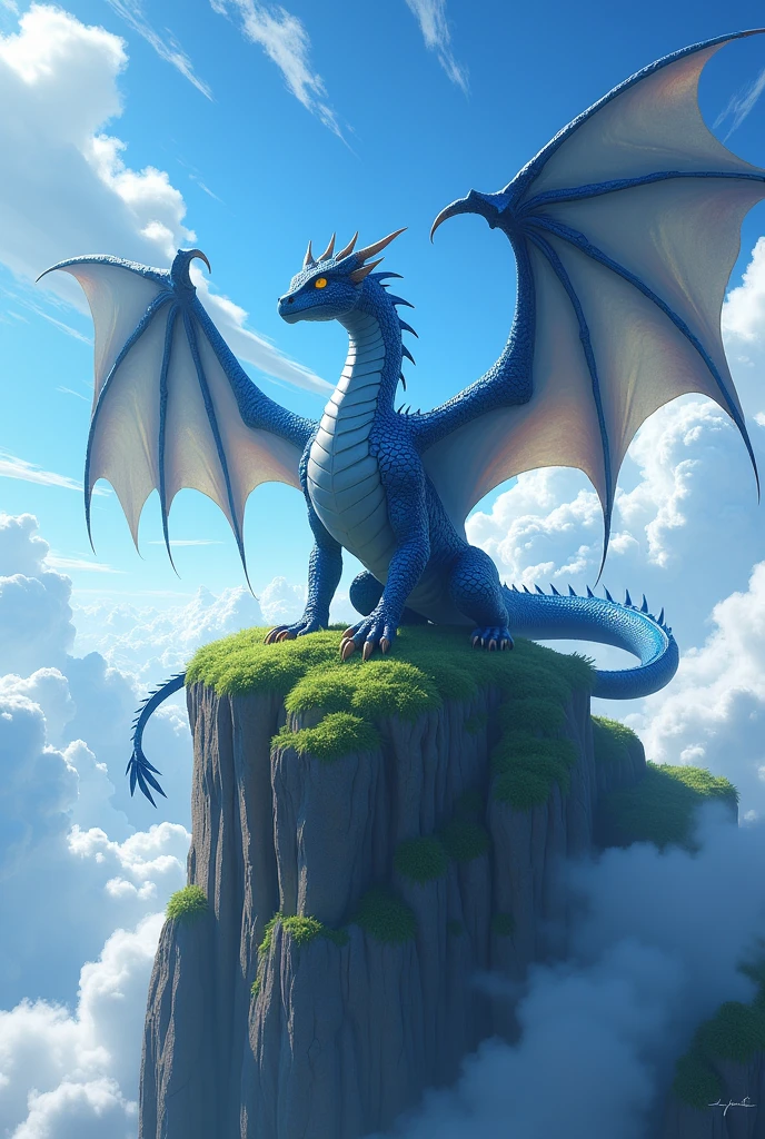 Male Blue dragon with very strong body, in a green clif above the sky, sky in the background 
