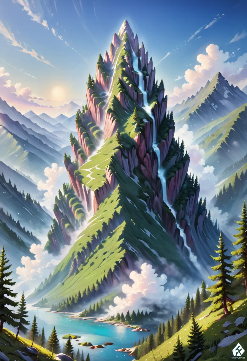 impressive painting of a mountain with trees and water, a detailed painting by Petros Afshar, shutterstock contest winner, environmental art, detailed painting, outlined art, 2d game art, isolated background for logo, strong contours, logo design