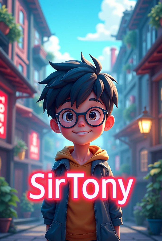 Banner for YouTube that says "SirTony" with boy in circular glasses anime background