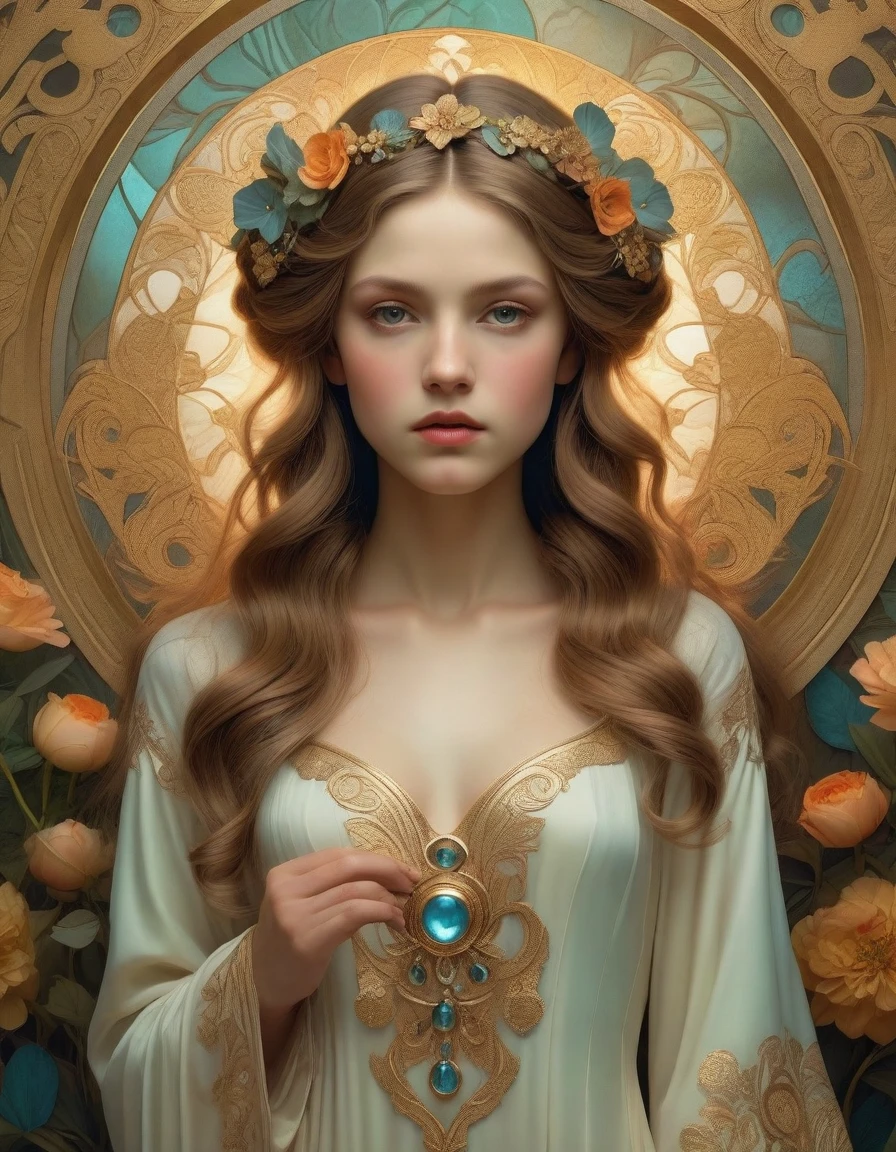 old  (Masterpiece, Best Quality, Highres:1.2) Art Nouveau Style Beautiful Woman with Long Hair Shaped as Flowers in the Style of Alphonse Mucha, portrait of a beautiful cute,  very beautiful, standing artistically, realistic natural, professional light distribution, very artistic lighting gradation, artistic detail,  highly detailed, centered,  Nymph-pattern vintage wallpaper with dramatic backlighting casting deep shadows, featuring a meticulously crafted illustration inspired by Dan Mumford and Alphonse Mucha, hyper-realistic and photorealistic textures, extremely detailed with intricate floral and foliage elements, octane rendered in 8K, Golden ratio, hidden ancient Greek symbols (, Spiral), balanced design, color harmony, Vernis Martin, golden, ancient mythology, artistically twisted edges, reminiscent of old-world craftsmanship with a contemporary edge, volumetric lighting, ultra fine details