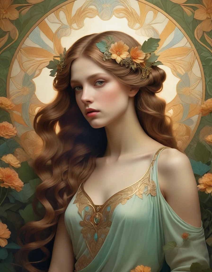 old (Masterpiece, Best Quality, Highres:1.2) Art Nouveau Style Beautiful Woman with Long Hair Shaped as Flowers in the Style of Alphonse Mucha, portrait of a beautiful cute, very beautiful, standing artistically, realistic natural, professional light distribution, very artistic lighting gradation, artistic detail, highly detailed, centered, Nymph-pattern vintage wallpaper with dramatic backlighting casting deep shadows, featuring a meticulously crafted illustration inspired by Dan Mumford and Alphonse Mucha, hyper-realistic and photorealistic textures, extremely detailed with intricate floral and foliage elements, octane rendered in 8K, Golden ratio, hidden ancient Greek symbols (, Spiral), balanced design, color harmony, Vernis Martin, golden, ancient mythology, artistically twisted edges, reminiscent of old-world craftsmanship with a contemporary edge, volumetric lighting, ultra fine details